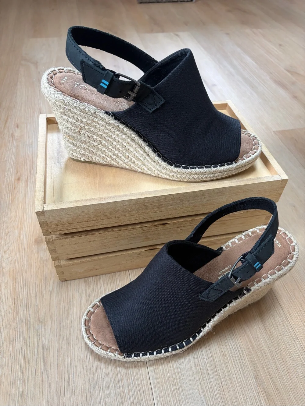 Toms Monica Black Espadrille Wedge Slingback Sandals